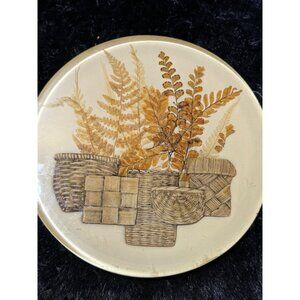 Vintage Round  Resin Trivet With Pressed Botanical Design & Woven Basket Motifs